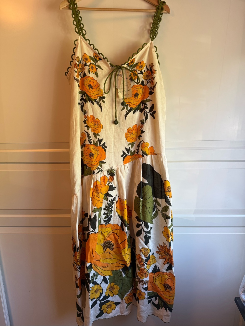 Farm Rio Cream Maxi Dress with Yellow Floral Print and Olive Straps